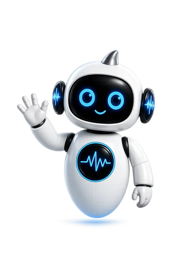 Diagno, the friendly white and blue robot, waving